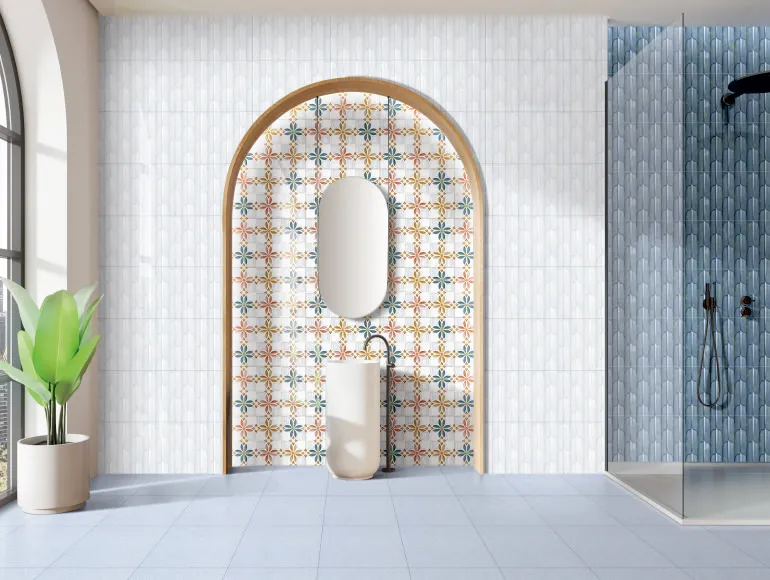 Multi colored leaf tiles paired with sleek master bathroom design